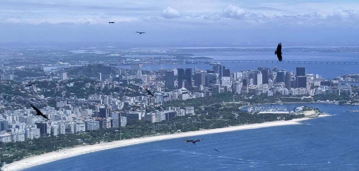 View on the city of Rio de Janeiro as seen from the Pão de Açúcar. One can see the Cathedral and the building behind, which also forms a cross on top of the cathedral